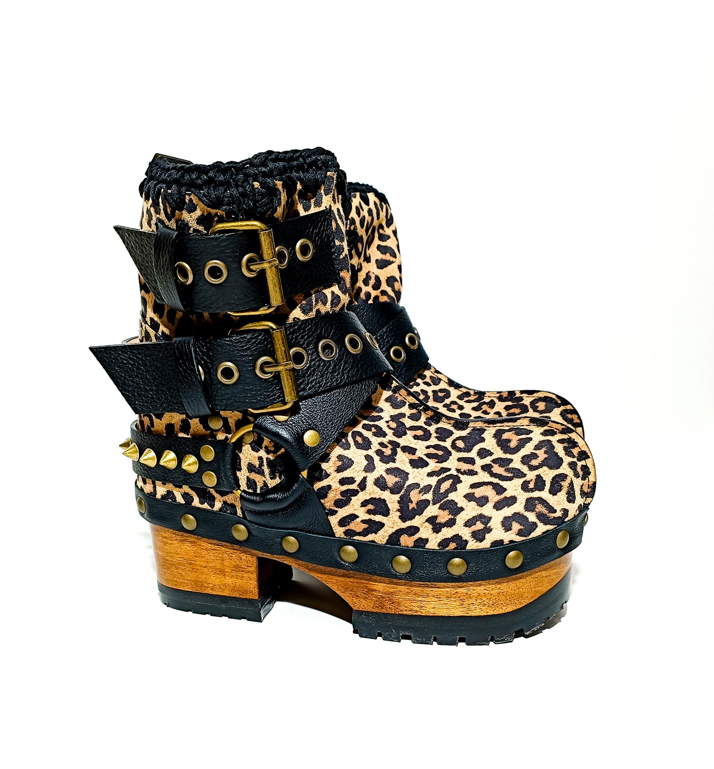 Leopard ankle boots with biker style buckles. Biker style ankle boots. Handmade leather ankle boots. High-end handmade shoes made to order.