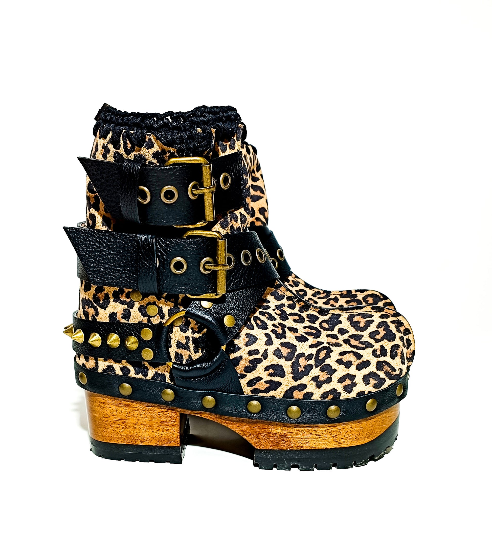 Leopard ankle boots with biker style buckles. Biker style ankle boots. Handmade leather ankle boots. High-end handmade shoes made to order.