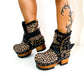 Leopard ankle boots with biker style buckles. Biker style ankle boots. Handmade leather ankle boots. High-end handmade shoes made to order.