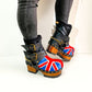 Biker style platform boots with England flag. Leather ankle boots with england flag, buckles and studs. High-end handmade footwear by Sol Caleyo.