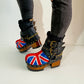 Biker style platform boots with England flag. Leather ankle boots with england flag, buckles and studs. High-end handmade footwear by Sol Caleyo.