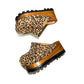 Vintage 70's style leather clogs. Leopard leather clogs with wooden wedge. Leopard leather mules with wooden wedge. High-end handmade footwear by Sol Caleyo.