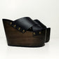 Super high wooden wedge sandals 70's style. Black sandal with super high wooden wedge. High quality handmade shoes by sol Caleyo.