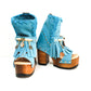 Bohemian style turquoise suede leather boots. Turquoise boots with wooden heel. Turquoise boots decorated with coins, horns and feathers, Boho Chic style. High-end handmade footwear by Sol Caleyo.