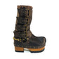 Handmade leather clogs. Dark brown leather biker boots. Leather boots with wooden heels. Leather boots with buckles. High-end footwear handmade by Sol Caleyo.