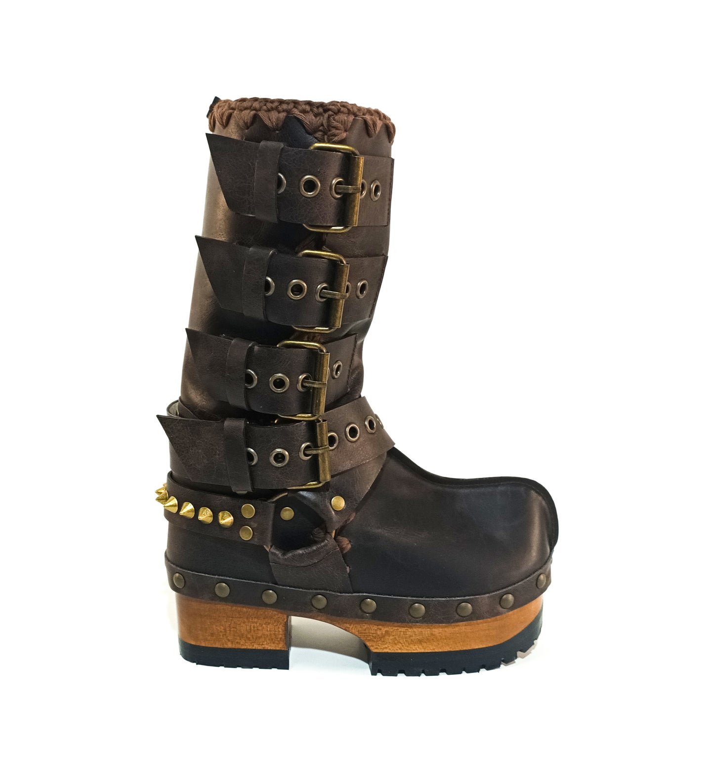 Handmade leather clogs. Dark brown leather biker boots. Leather boots with wooden heels. Leather boots with buckles. High-end footwear handmade by Sol Caleyo.
