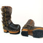 Handmade leather clogs. Dark brown leather biker boots. Leather boots with wooden heels. Leather boots with buckles. High-end footwear handmade by Sol Caleyo.