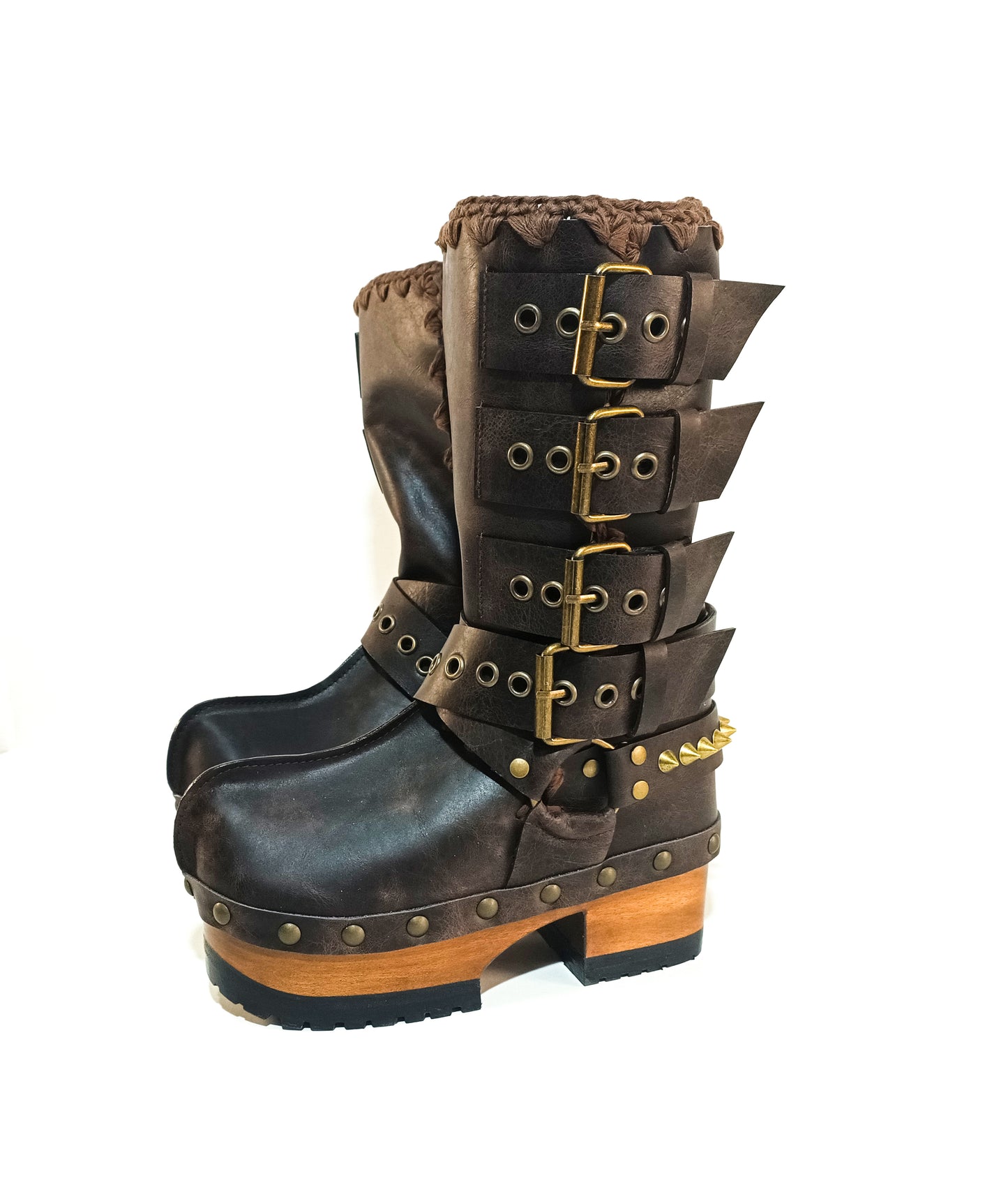 Handmade leather clogs. Dark brown leather biker boots. Leather boots with wooden heels. Leather boots with buckles. High-end footwear handmade by Sol Caleyo.
