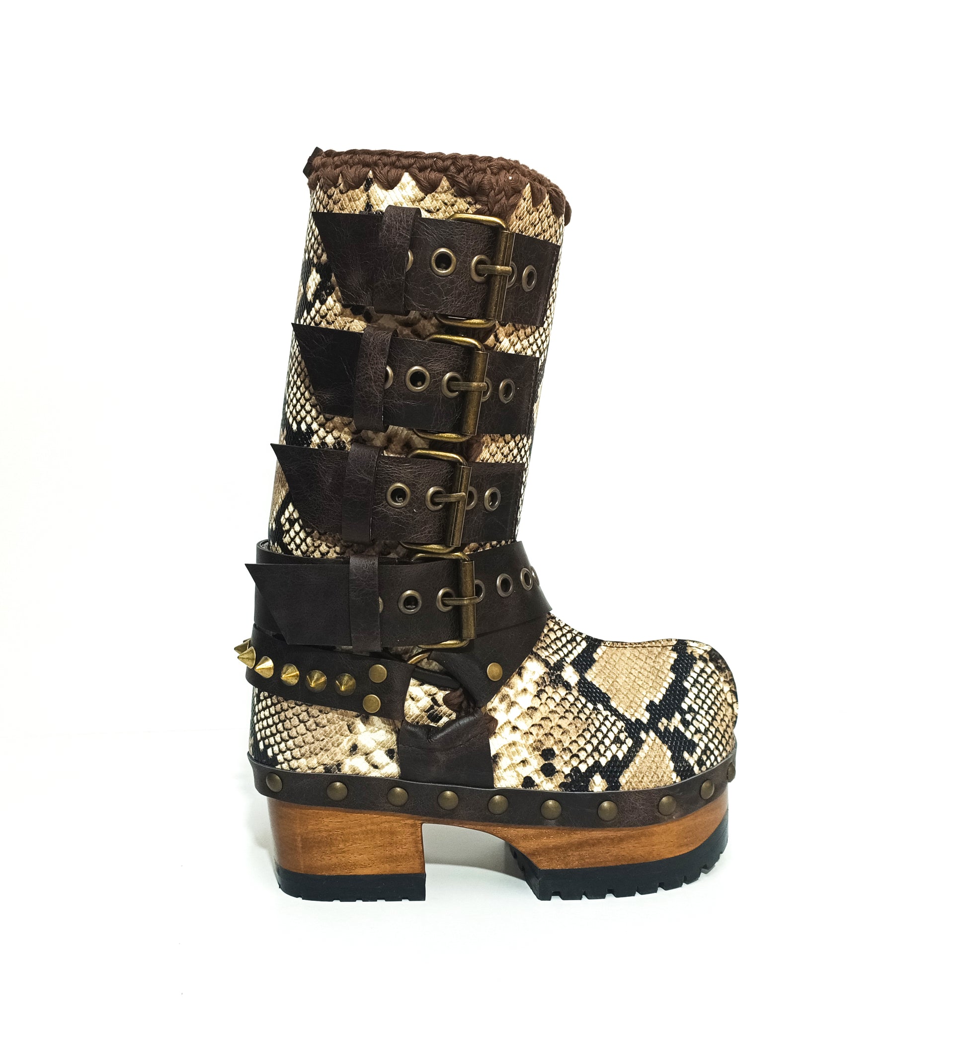Handmade snake skin clogs. Biker-style snake boots. Leather boots with wooden heels. High-end footwear handmade by Sol Caleyo.