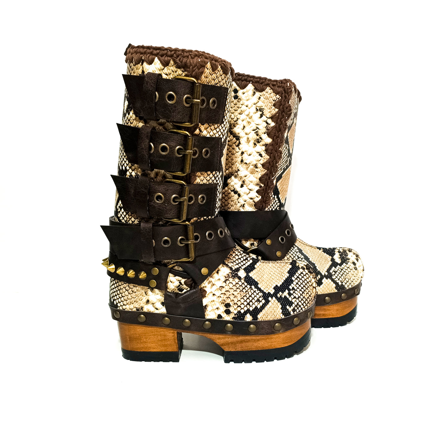 Handmade snake skin clogs. Biker-style snake boots. Leather boots with wooden heels. High-end footwear handmade by Sol Caleyo.