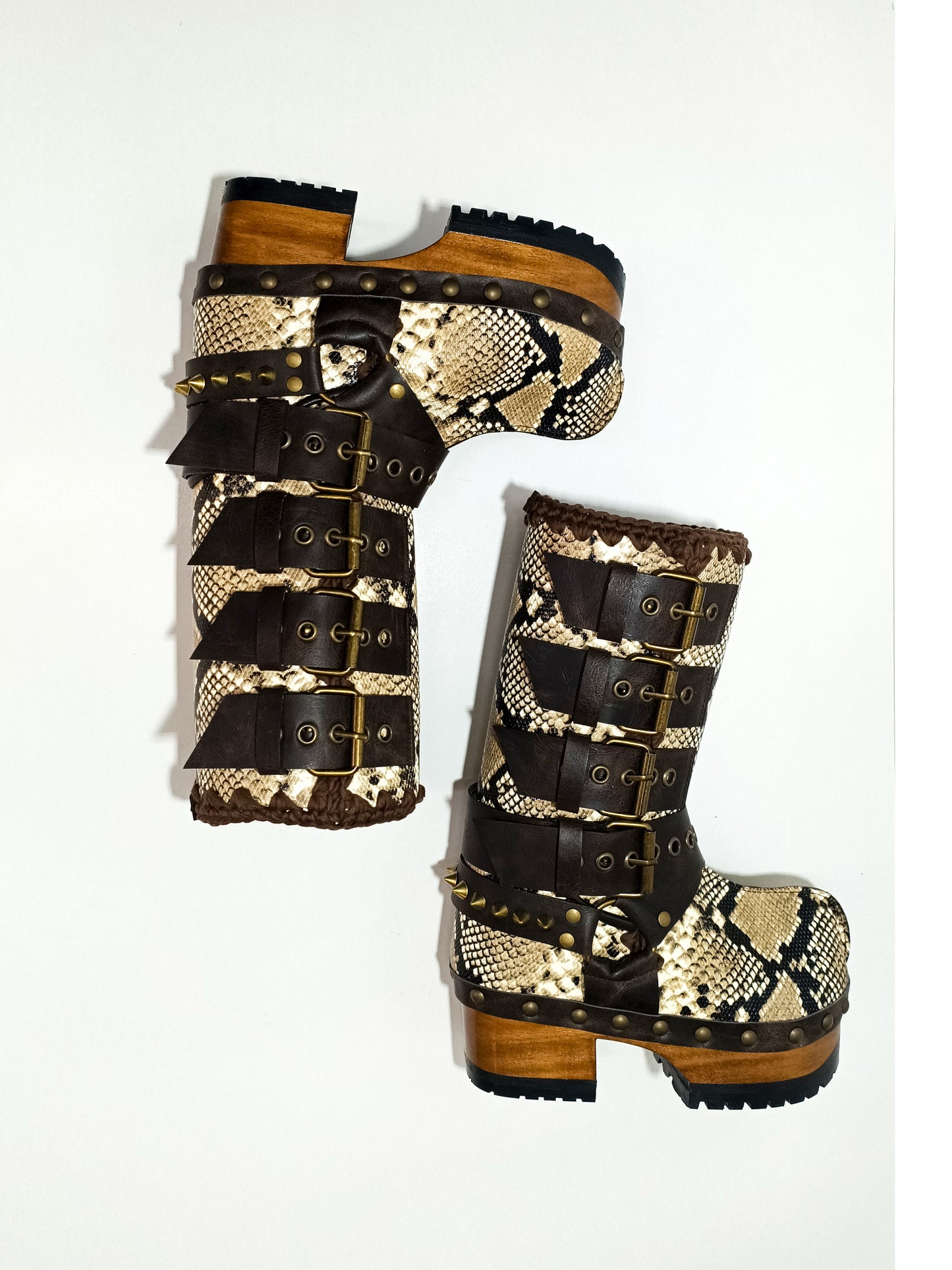 Handmade snake skin clogs. Biker-style snake boots. Leather boots with wooden heels. High-end footwear handmade by Sol Caleyo.