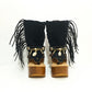 Leather clog boot with wooden wedge flip flop style. Leather flip flop style boot decorated with shells, coins and fringes which gives it an authentic Boho style. Leather flip flop with wooden wedge. Bohemian style leather boot. Sizes 34 to 47. High quality leather footwear handmade by sol Caleyo. Sustainable fashion.