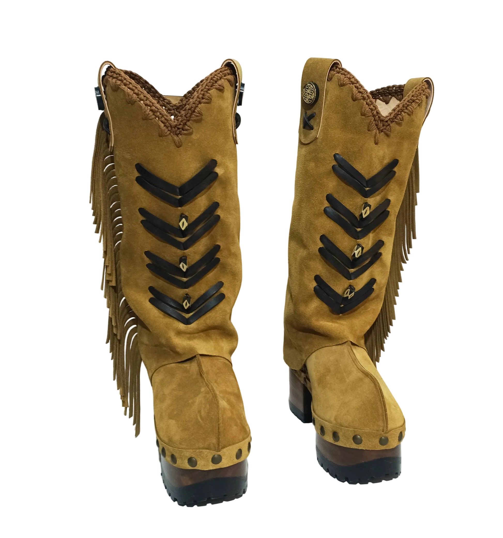 Handmade bohemian cowboy boots by Sol Caleyo in camel suede leather with black leather appliqué and wooden platform sole.