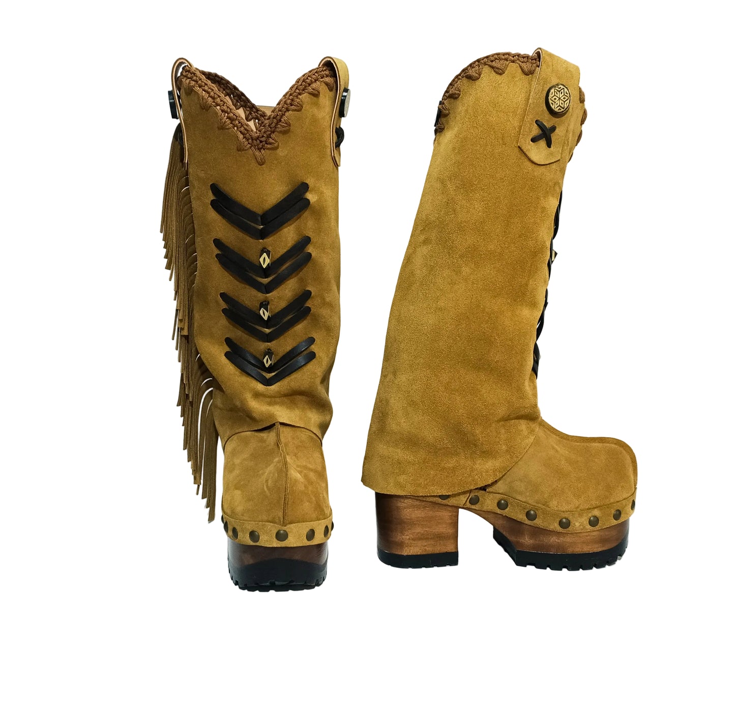 Side view of handcrafted fringe cowboy boots, camel suede leather and lacquered wooden sole with rubber grip.
