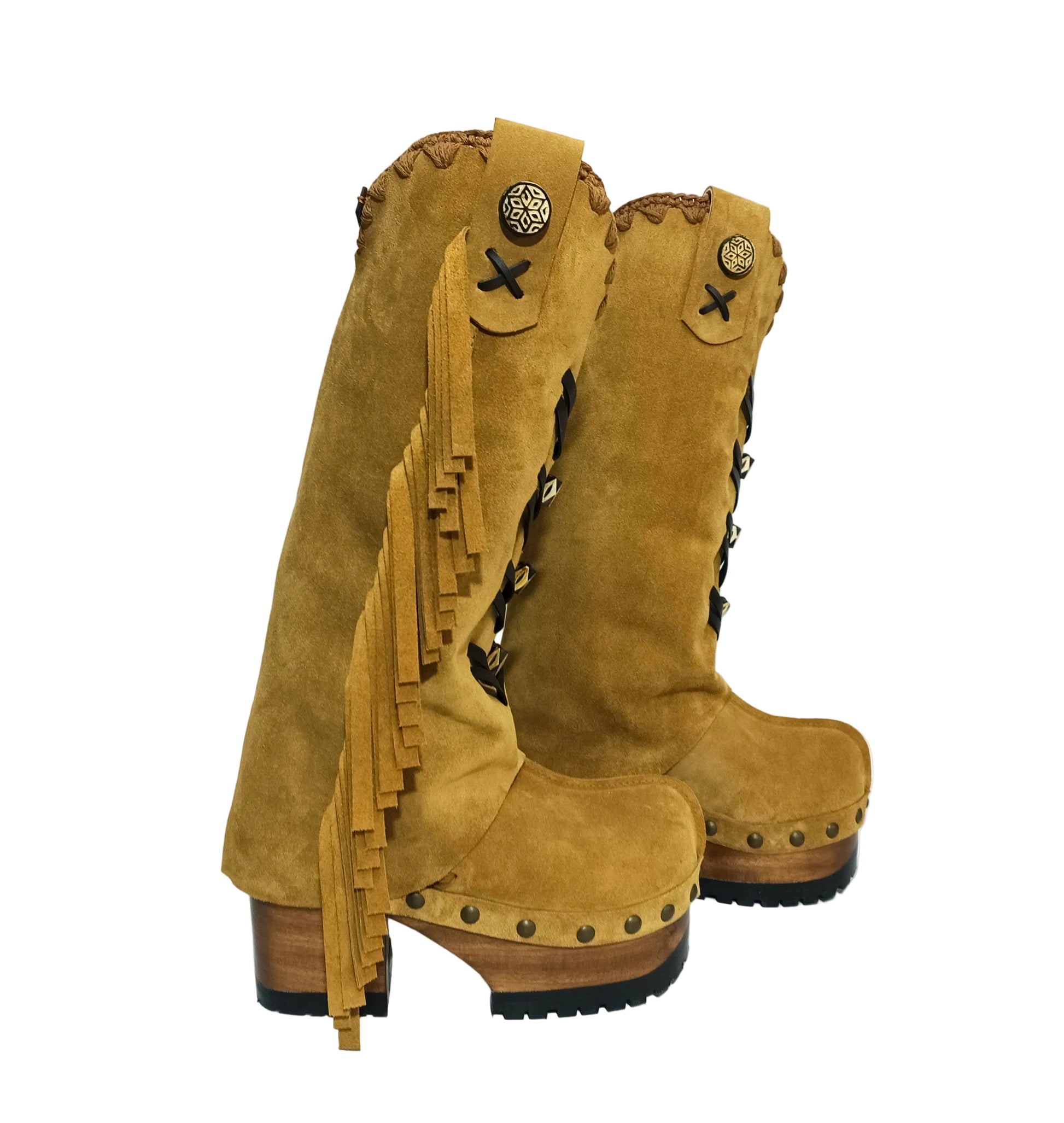 Front view of Sol Caleyo boho western boots showing black leather detailing and rounded wooden platform toe.