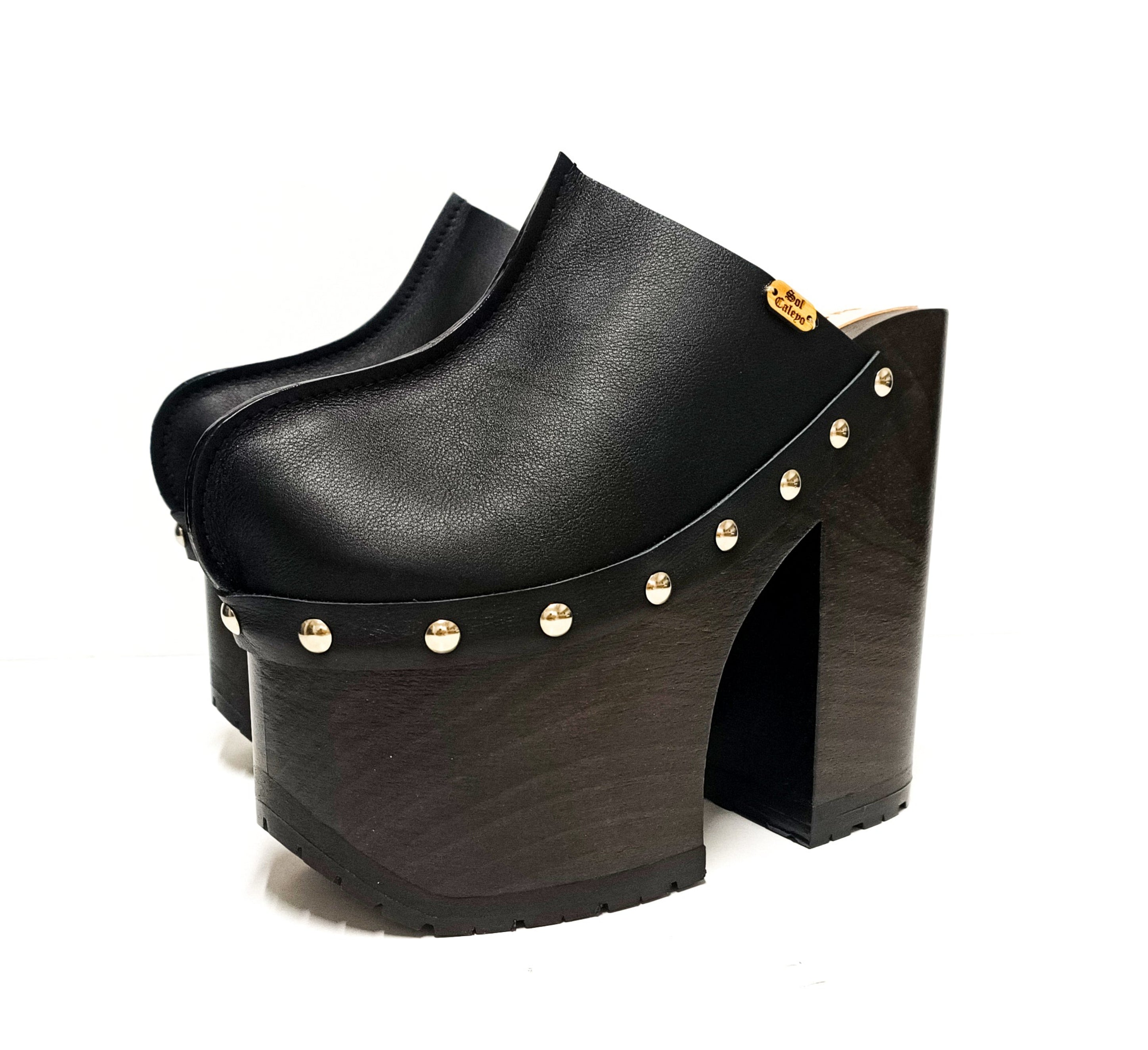 Black Leather Platform Mule | Handmade Wooden Sole – Sol Caleyo