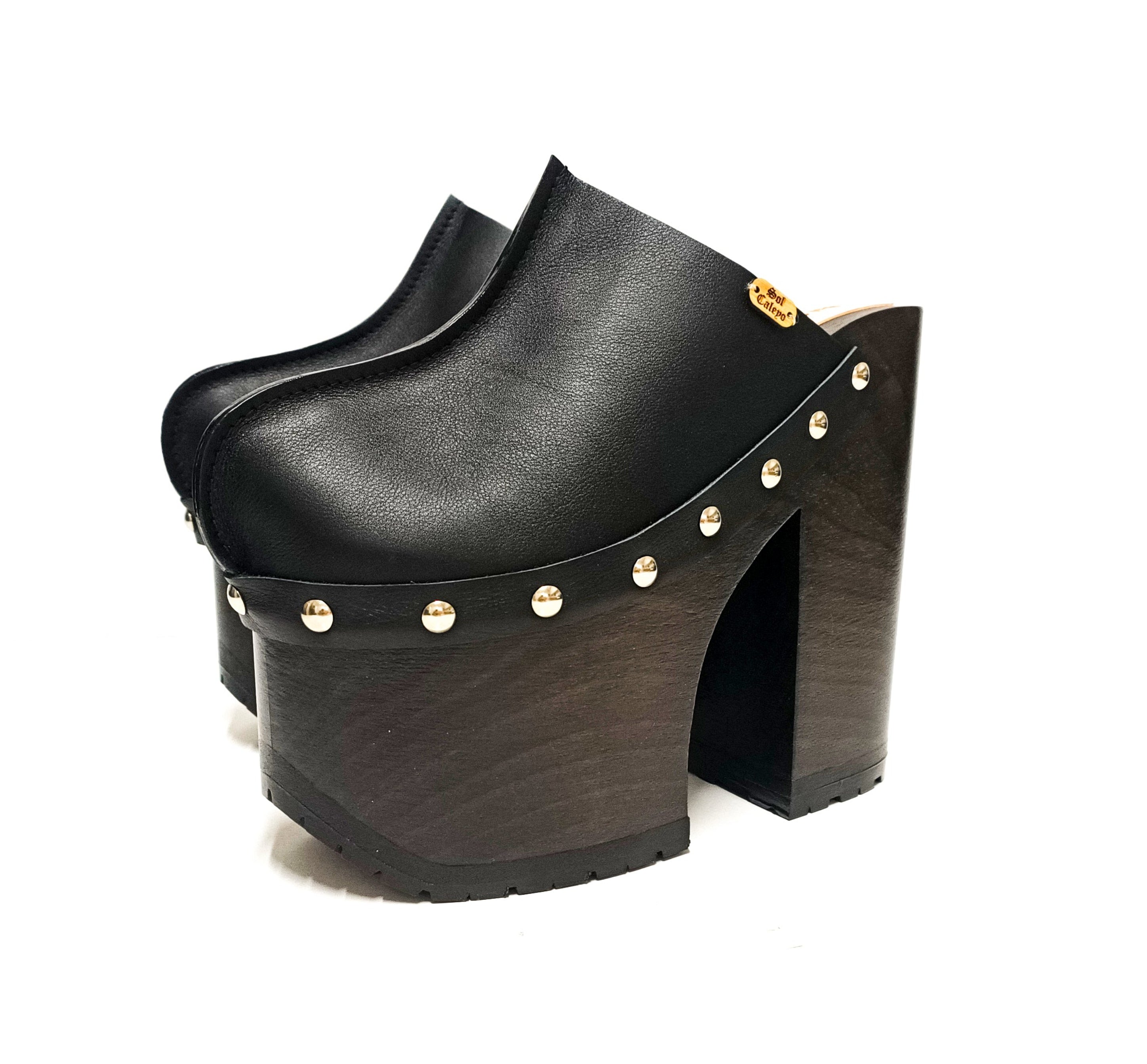 Black Leather Platform Mule | Handmade Wooden Sole – Sol Caleyo