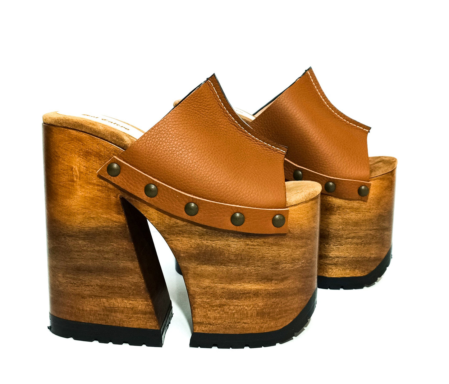 Side profile of Camel Luxury Queen Sandals by Sol Caleyo, featuring a high 17cm bell-style wooden heel, an 11cm platform, and premium camel brown leather with bronze stud detailing on a crisp white background.