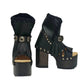 Sol Caleyo handmade platform sandals in genuine full-grain leather with wood sole and 12cm heel. Featuring silver conchos, black stones, and tractor rubber sole. Bohemian luxury footwear.