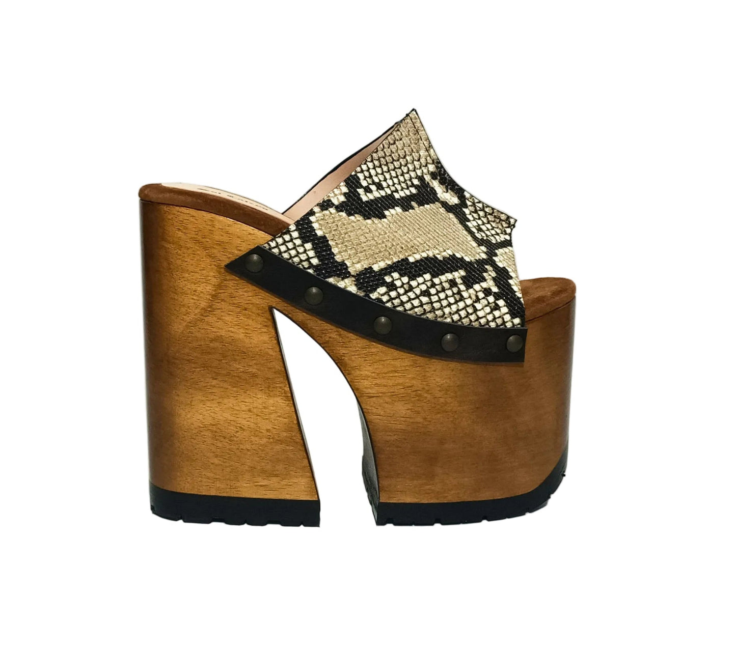 Handcrafted Snake Luxury Queen Sandals by Sol Caleyo featuring exotic snake-print leather, 17cm bell heel, and 11cm hand-carved wooden platform on a white background.