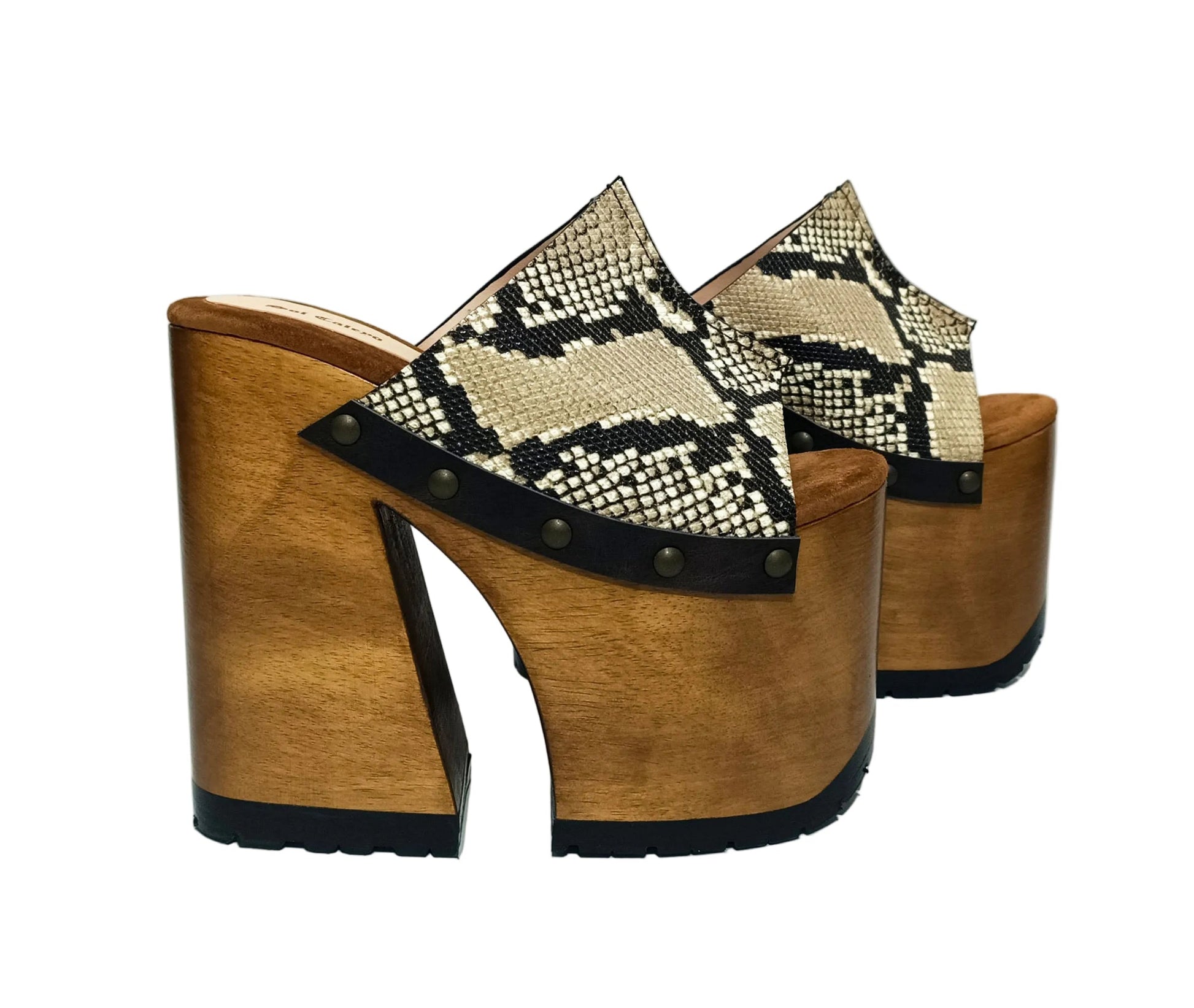 Handcrafted Snake Luxury Queen Sandals by Sol Caleyo featuring exotic snake-print leather, 17cm bell heel, and 11cm hand-carved wooden platform on a white background.