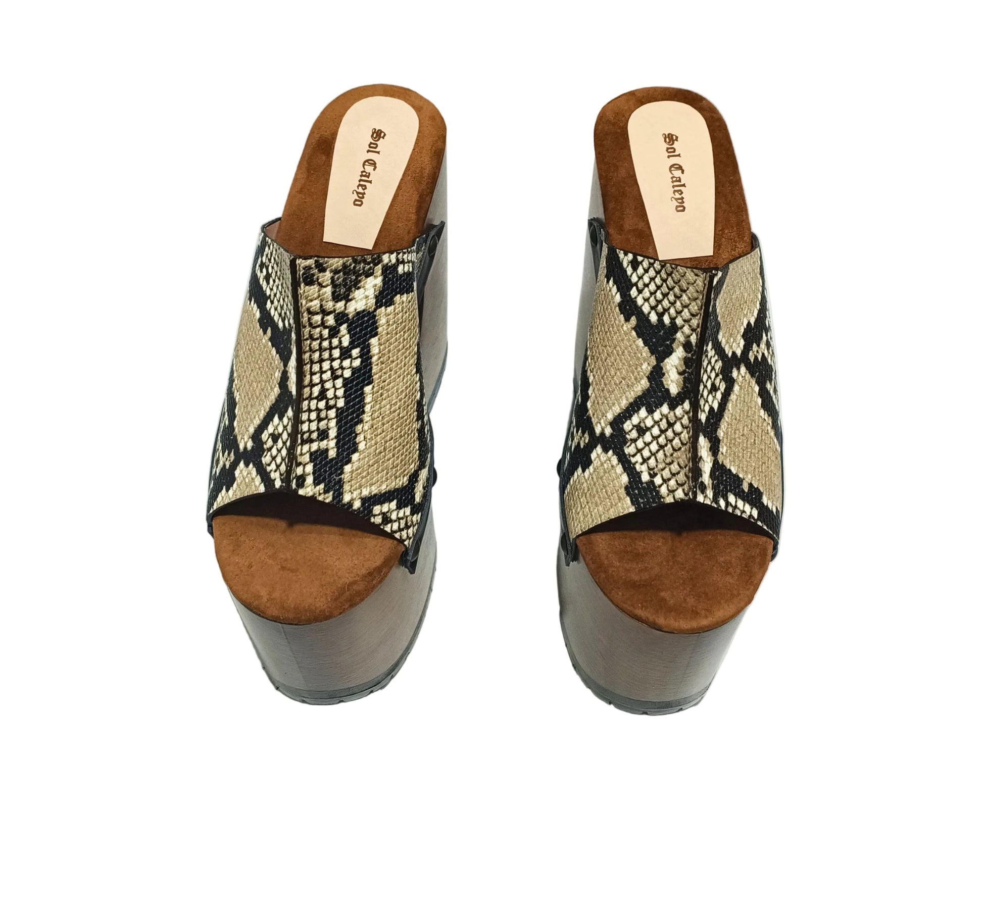 Handcrafted Snake Luxury Queen Sandals by Sol Caleyo featuring exotic snake-print leather, 17cm bell heel, and 11cm hand-carved wooden platform on a white background.