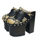 Indian Snake Clogs by Sol Caleyo: extreme 18cm straight heel wooden platforms with snake-print leather, black fringe, and Native American style metal conchos.
