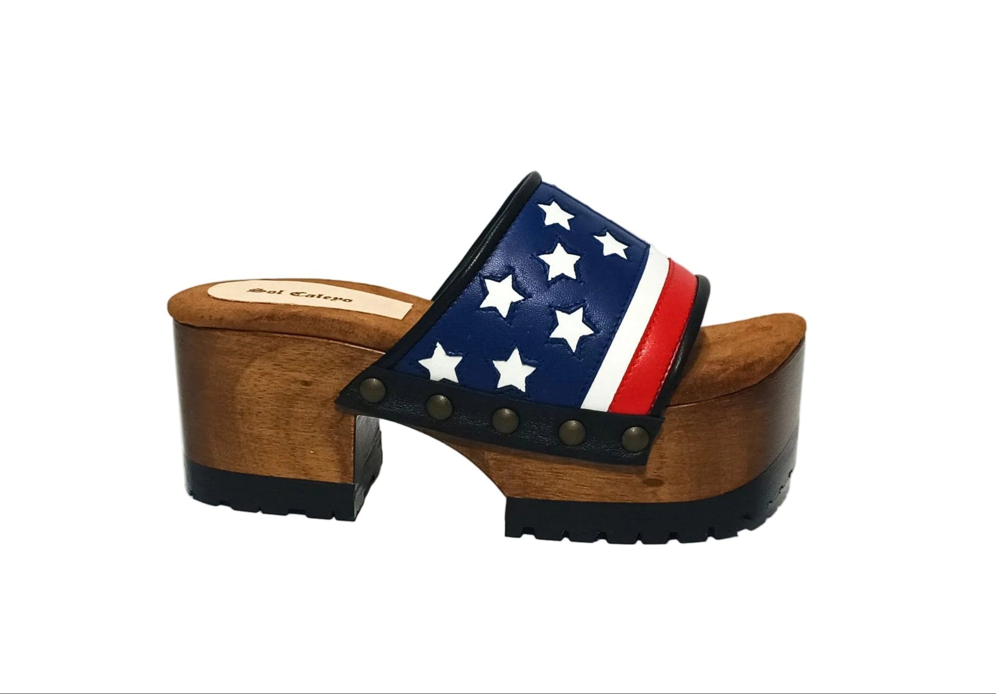 American Sandals XS by Sol Caleyo: close-up of handmade wooden platform sandals with USA flag leather strap and studs.