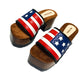 American Sandals XS by Sol Caleyo: close-up of handmade wooden platform sandals with USA flag leather strap and studs.