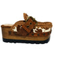Oxford Clogs Cowhide Print by Sol Caleyo: handmade wooden platform clogs with cowhide hair-on leather, crochet trim, and aged camel leather strap.
