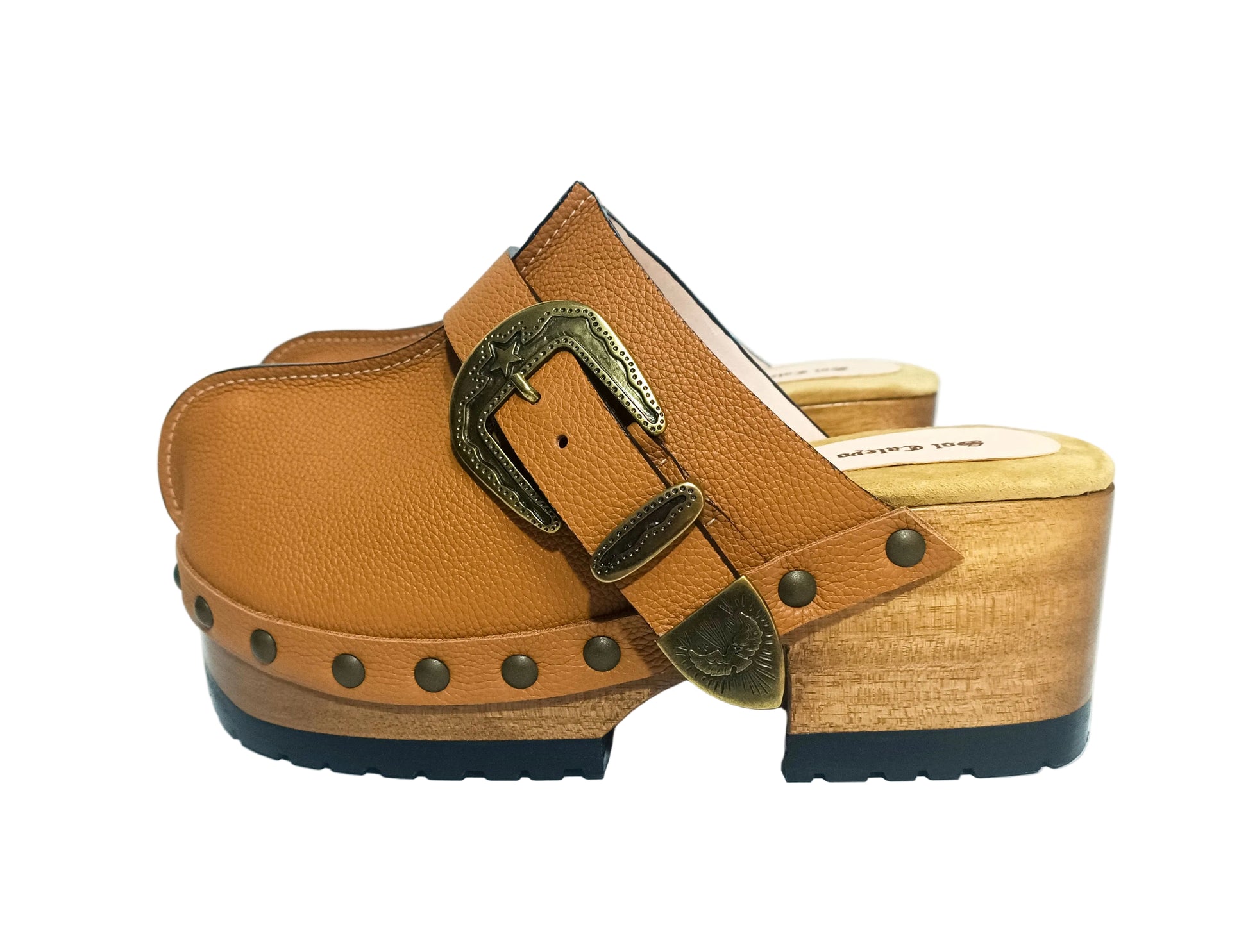 Light Brown Route 66 clogs - Handmade leather platform wooden shoes by Sol Caleyo.