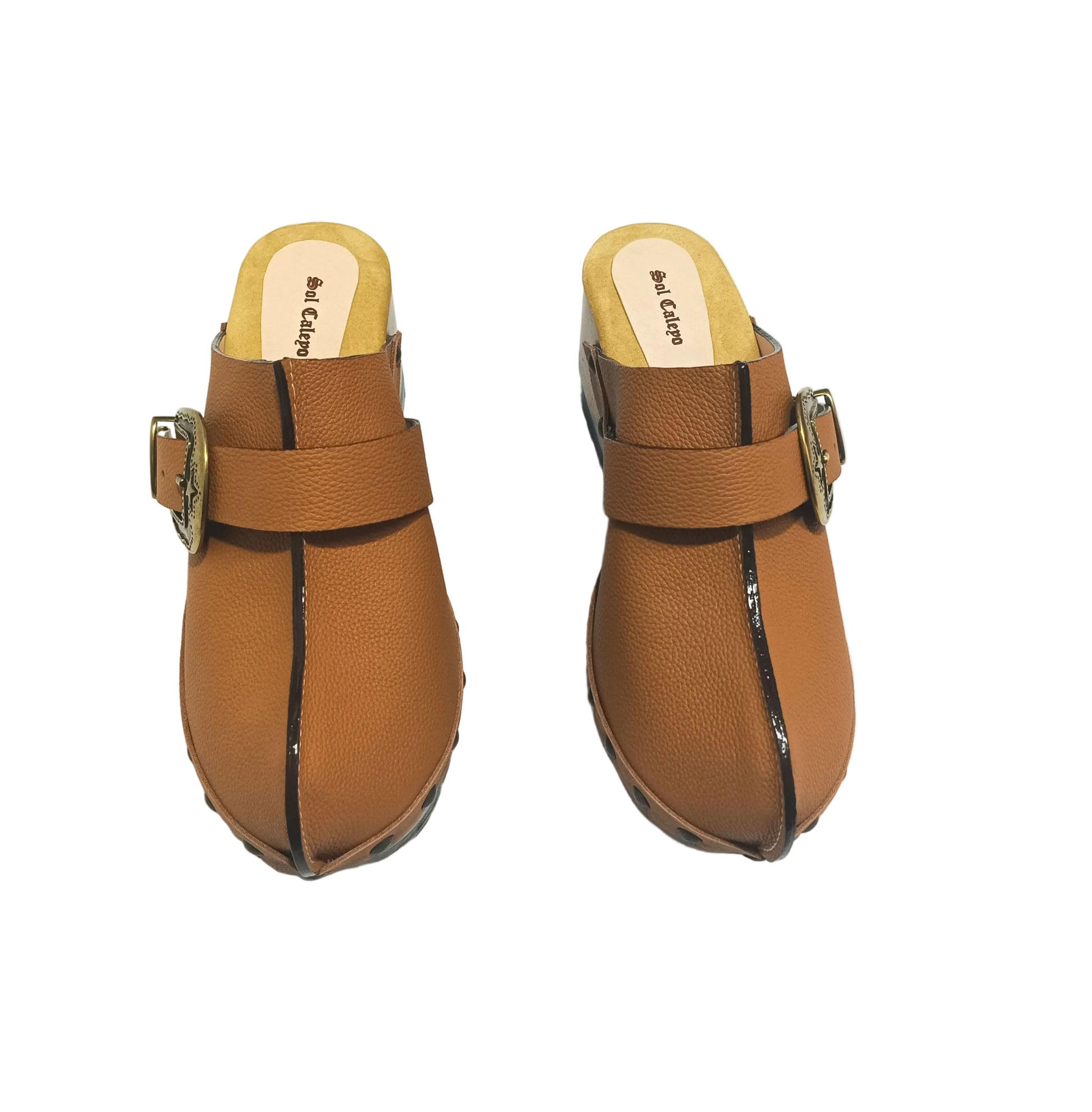 Light Brown Route 66 clogs - Handmade leather platform wooden shoes by Sol Caleyo.