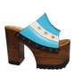 Pair of Sol Caleyo Argentina Sandals featuring a handcrafted wooden block heel and platform, a blue and white leather strap designed as the Argentine flag with three gold stars, and antique gold studs.