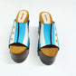 Pair of Sol Caleyo Argentina Sandals featuring a handcrafted wooden block heel and platform, a blue and white leather strap designed as the Argentine flag with three gold stars, and antique gold studs.