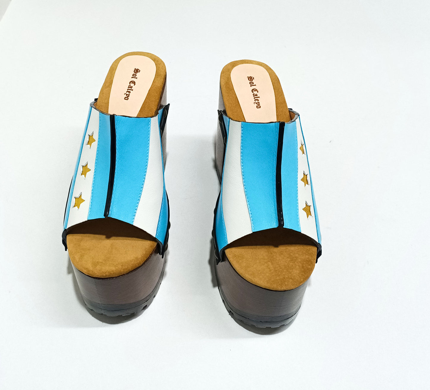 Pair of Sol Caleyo Argentina Sandals featuring a handcrafted wooden block heel and platform, a blue and white leather strap designed as the Argentine flag with three gold stars, and antique gold studs.