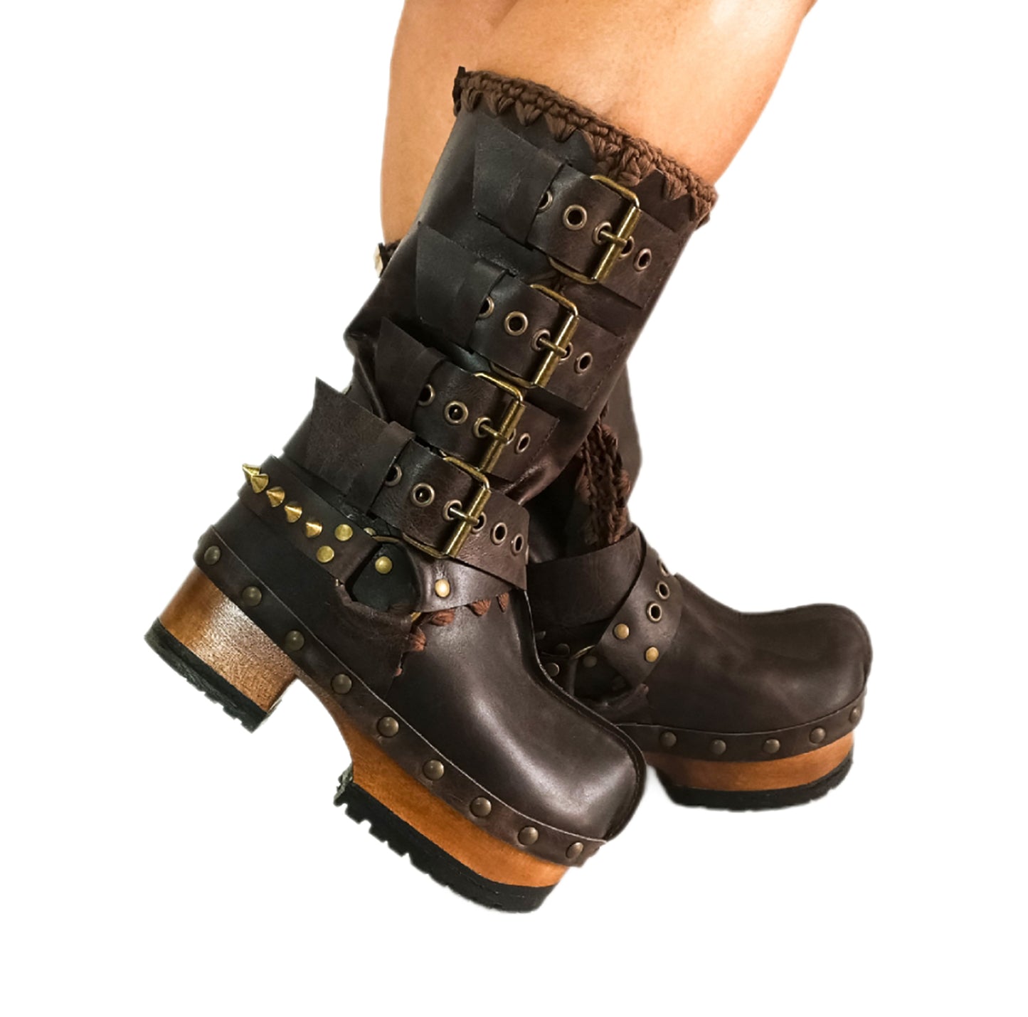 Handmade leather clogs. Dark brown leather biker boots. Leather boots with wooden heels. Leather boots with buckles. High-end footwear handmade by Sol Caleyo.