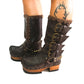 Handmade leather clogs. Dark brown leather biker boots. Leather boots with wooden heels. Leather boots with buckles. High-end footwear handmade by Sol Caleyo.