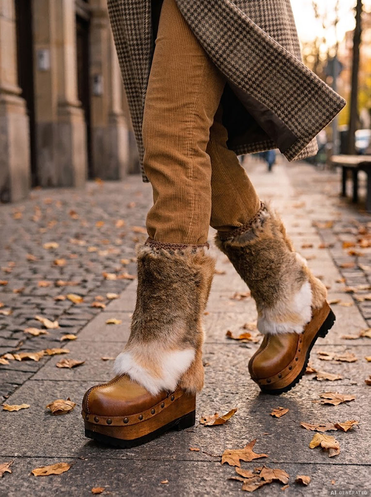 Person wearing handmade beige leather and fur platform boots, showing fit and bohemian style.
