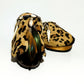 Handmade black suede closed-toe platform mule clogs with leopard print rabbit fur, feathers, horns and 6 cm natural lacquered wooden heel by Sol Caleyo.