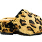 Handmade black suede closed-toe platform mule clogs with leopard print rabbit fur and 6 cm natural lacquered wooden heel by Sol Caleyo.