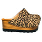Handmade leopard print split leather wedge mule clogs with antique-gold studs and 7 cm wooden wedge by Sol Caleyo.