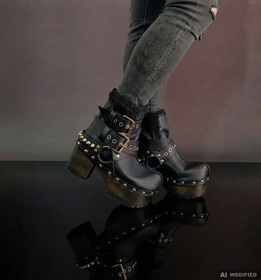 Black leather platform boots with silver studs. Black leather biker style boots with buckles. Black leather ankle boots with vintage style buckles. Leather boots with wooden heel. High-end handmade footwear by Sol Caleyo.