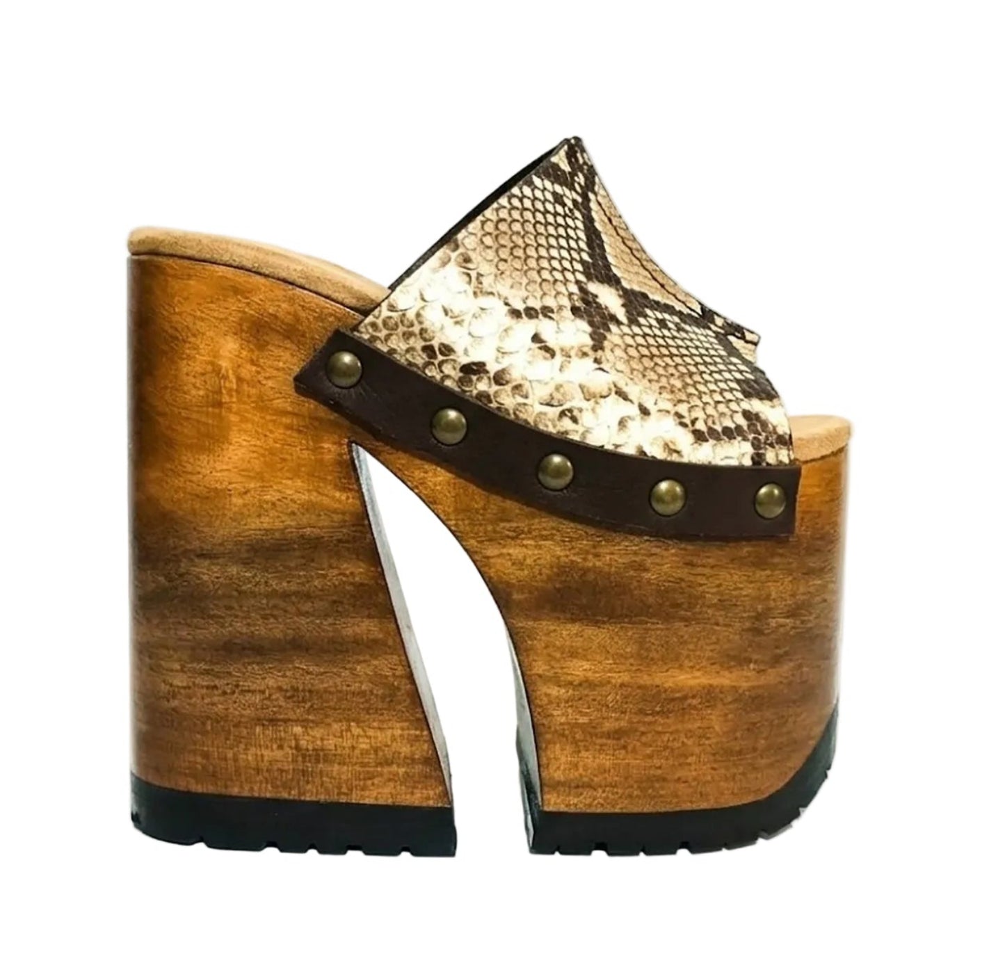 Handcrafted Snake Luxury Queen Sandals by Sol Caleyo featuring exotic snake-print leather, 17cm bell heel, and 11cm hand-carved wooden platform on a white background.