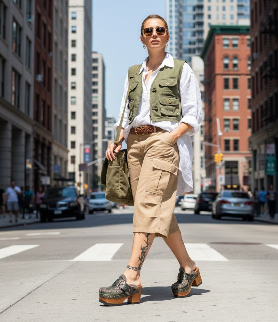 Handmade military print leather mule clogs with old-gold buckle, studs and 9 cm wooden heel by Sol Caleyo.
