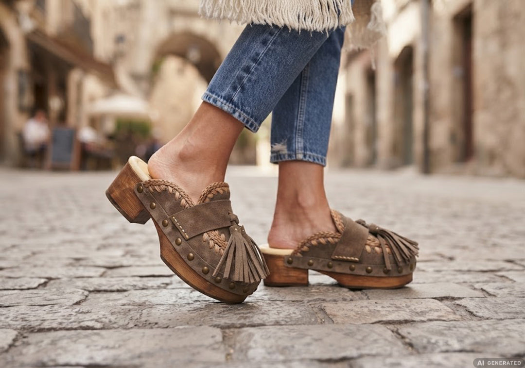 Model wearing Artemisa Earth Tone Suede Tassel Clogs with wooden platform and crochet details outdoors