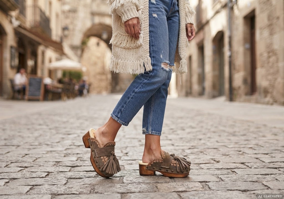 Model wearing Artemisa Earth Tone Suede Tassel Clogs with wooden platform and crochet details outdoors