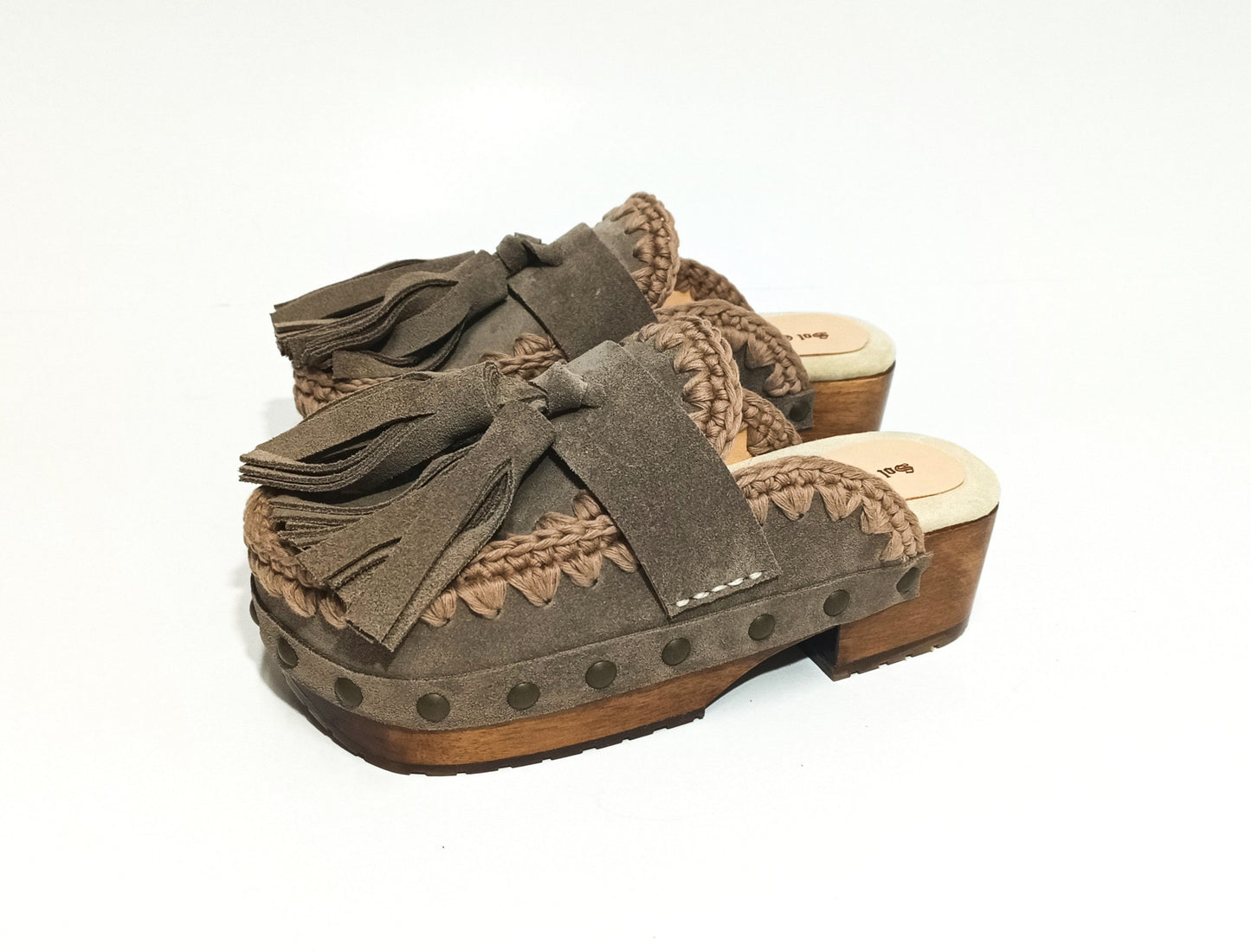 Sol Caleyo Artemisa Earth Tone Suede Tassel Clogs side view on white background