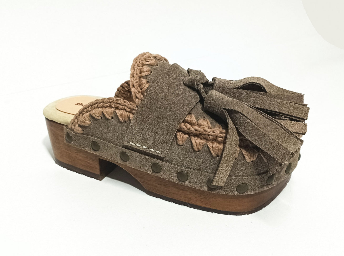 Sol Caleyo Artemisa Earth Tone Suede Tassel Clogs side view on white background