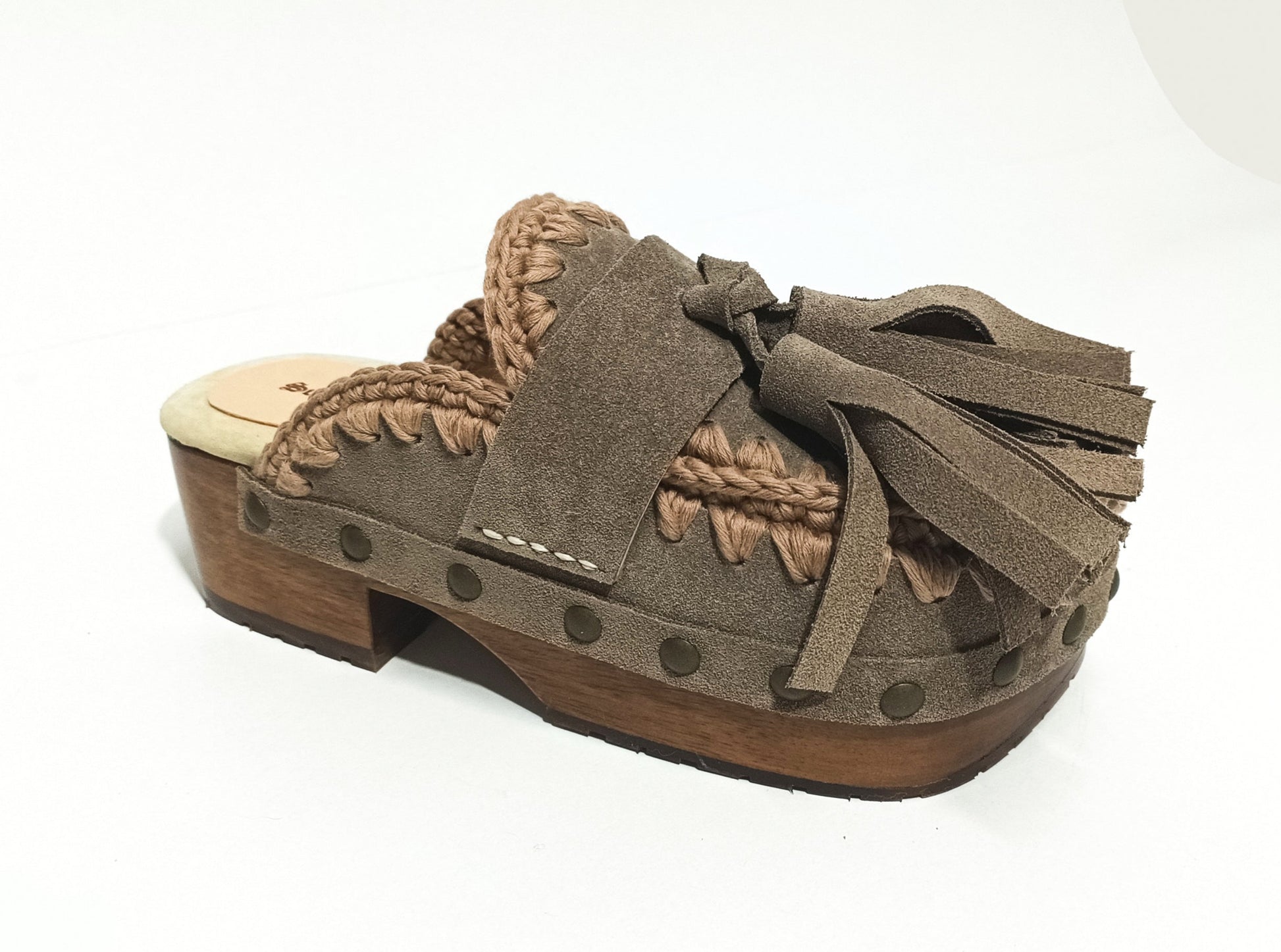 Sol Caleyo Artemisa Earth Tone Suede Tassel Clogs side view on white background