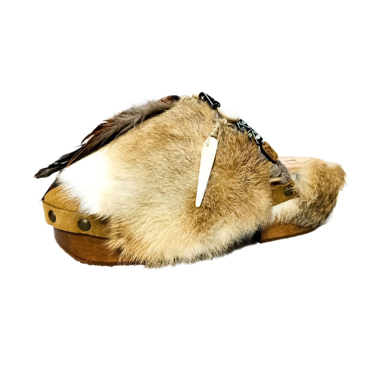 Handmade boho suede platform clogs with rabbit fur, carved bone, shells and feathers by Sol Caleyo